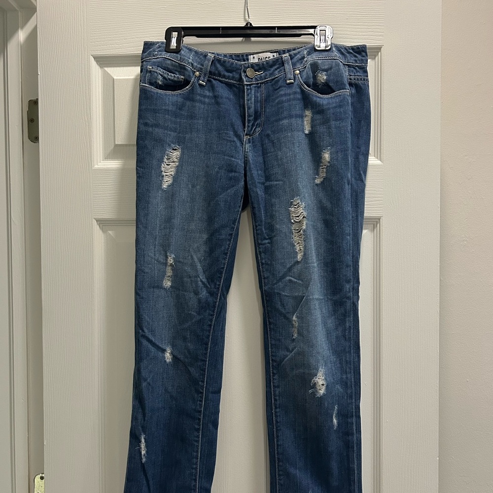 PAIGE Distressed Straight Leg Blue Jeans